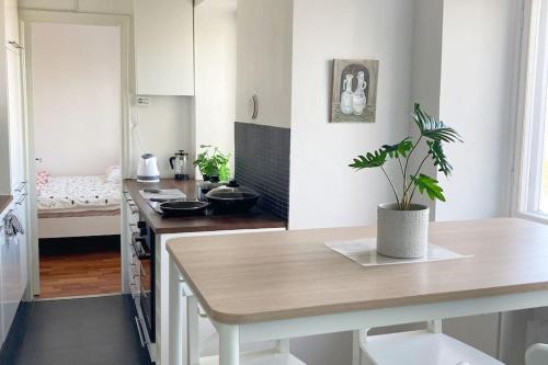 uma cozinha com uma mesa com um vaso de plantas em Scenic apartment close to nature in Helsinki em Helsinque