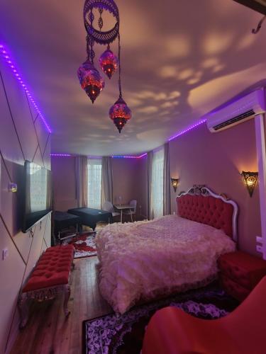 een slaapkamer met een bed en paarse verlichting bij Les Spa de Venus suites avec jacuzzi spa privatif in Charavines