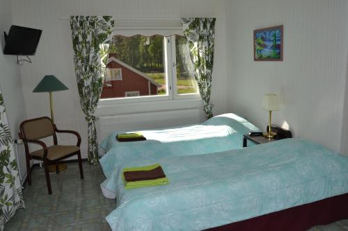 una camera d'albergo con due letti e una finestra di Hostelli Kuninkaankartano a Kuninkaanlähde