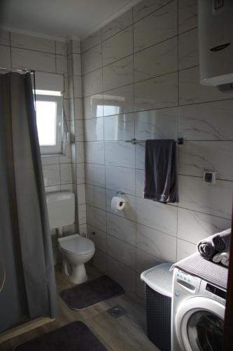 bagno con servizi igienici e lavatrice. di Apartman 'Maslina' a Trebinje