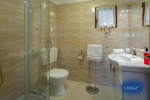 uma casa de banho com um WC, um chuveiro e um lavatório. em Holiday apartment in Razanj with terrace, air conditioning, WiFi, washing machine 4773-1 em Razanj
