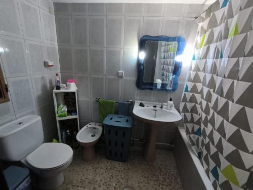 a bathroom with a sink and a toilet and a mirror at La casa del Viajero in Puertollano