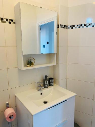 La salle de bains est pourvue d'un lavabo blanc et d'une armoire. dans l'établissement 15 mn de PARIS, perle rare avec vue - 2 chambres, à Groslay