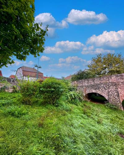 an old stone bridge in a field of grass at Hexenhäuschen Dreieichenhain in Dreieich