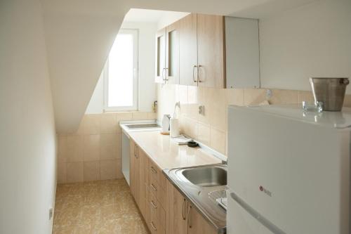 a kitchen with a sink and a refrigerator at Apartman MENHETN Arandjelovac in Arandjelovac