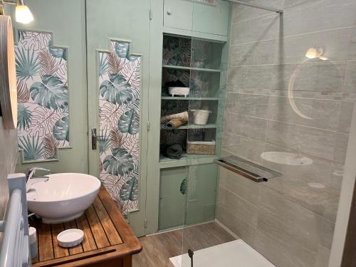 een badkamer met een wastafel en een douche bij Les Avatars in Saint-Amand-Montrond