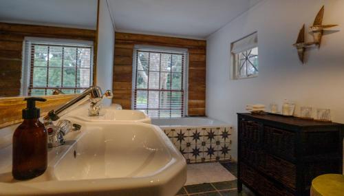uma casa de banho com um lavatório e uma banheira em Silvermist Wine Estate na Cidade do Cabo