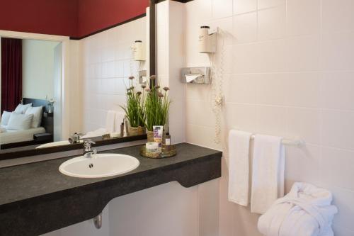 een badkamer met een wastafel en een spiegel bij Mühlenhotel Halle-Leipzig in Landsberg