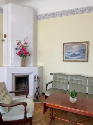 a living room with a couch and a fireplace at Green Villa in Pärnu
