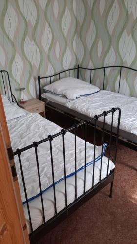 two twin beds in a room with a wall at Ferienhaus Baake in Mönkebude