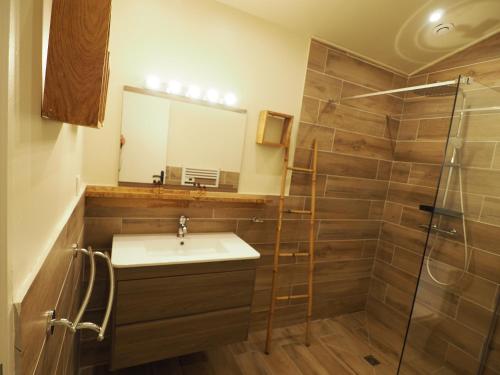 a bathroom with a sink and a shower with a mirror at Maranatha, Location de Villas pieds dans l'eau in Porto-Vecchio
