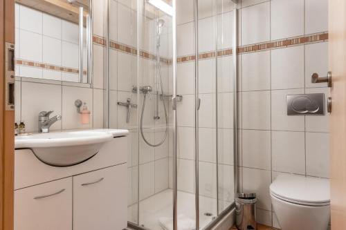 La salle de bains est pourvue d'une douche, d'un lavabo et de toilettes. dans l'établissement Chalet Eiger View - GRIWA RENT, à Grindelwald