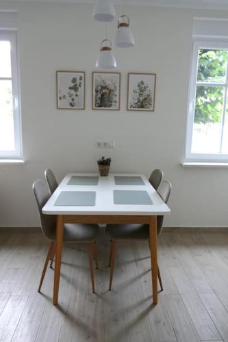 a dining room table with chairs in a room at Ferienwohnung Sieben Eulen in Garrey (Hoher Fläming) in Garrey