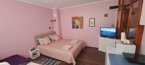 um pequeno quarto com uma cama e uma televisão em Apartmani Krcmarica 10 em Divčibare