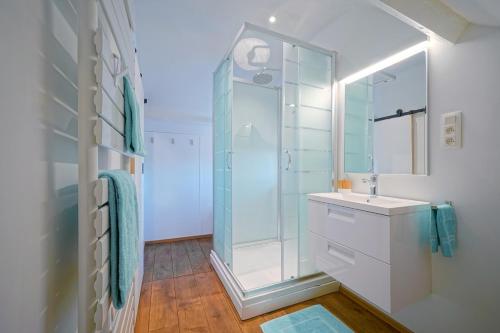 a bathroom with a glass shower and a sink at La Ferme du Parc - Gite Le Fournil in Montignies-lez-Lens