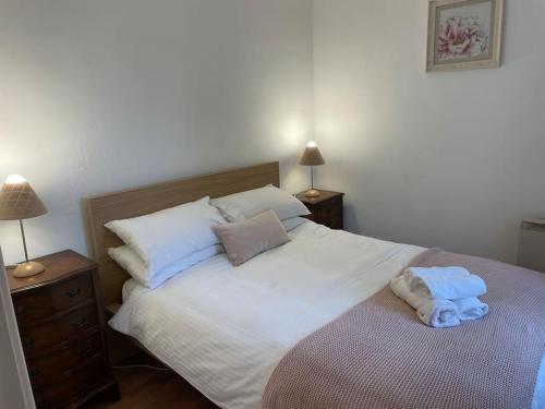 a bedroom with a white bed with two pillows at The Gate-Lodge at Levally House in Monea