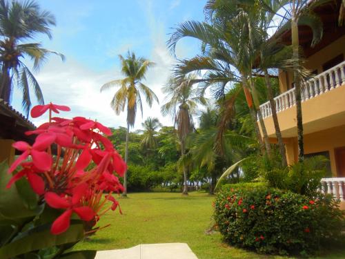 a resort with palm trees and red flowers in a yard at Hotel Delfin Playa Bejuco in Esterillos Este