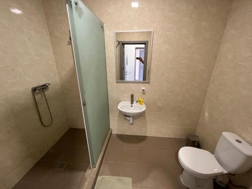 een badkamer met een toilet, een wastafel en een douche bij Hotel Burevisnyk (Буревісник) in Kiev