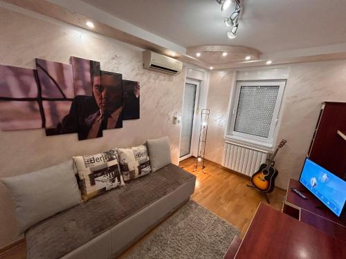 ein Wohnzimmer mit einem Sofa und einer Gitarre in der Unterkunft Stan Aleksić in Šabac