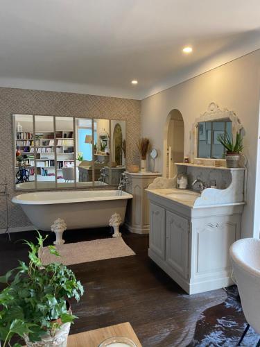 a bathroom with a tub and a large mirror at Les Trois soleils in Roquebrune-sur-Argens