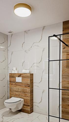 a bathroom with a toilet and a glass shower at Pensjonat Miedziana Perła LUBIN in Lubin