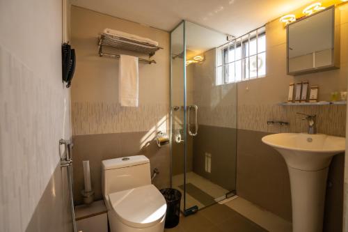 a bathroom with a toilet and a sink and a shower at Shinepukur Suites at Concord in Dhaka