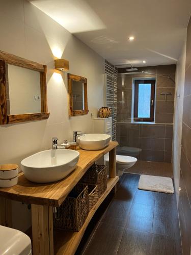 a bathroom with two sinks and a shower at Šumavský grunt in Podmokly