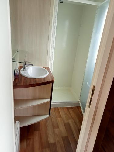 a bathroom with a sink and a mirror at Stacaravan met eigen terras en tuin 6personen in Bredene