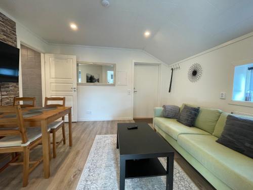 a living room with a green couch and a table at Cozy apartments in Falun - 2km from centrum in Falun