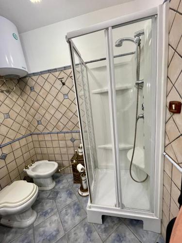 a bathroom with a shower and a toilet at Residence Horizonte Roccaraso in Roccaraso