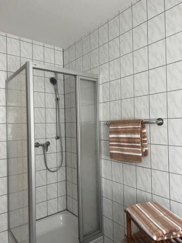 La salle de bains est pourvue d'une douche avec une porte en verre. dans l'établissement F&M Wohnungen in Olpe, à Wenden