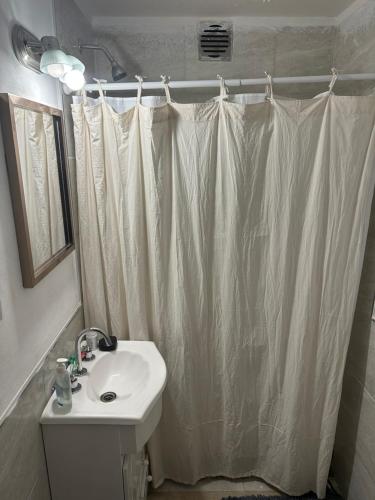baño con lavabo y cortina de ducha en Departamento en General Paz en Córdoba