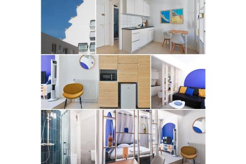 un collage de photos d'une cuisine et d'une chambre dans l'établissement LE Dina Robin, Studio 5mn plage à pied, wi-fi, parking privé à 5 min, à La Grande Motte
