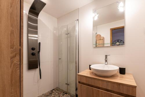 a bathroom with a sink and a shower at Chalet le Chardon Bleu in Villarembert