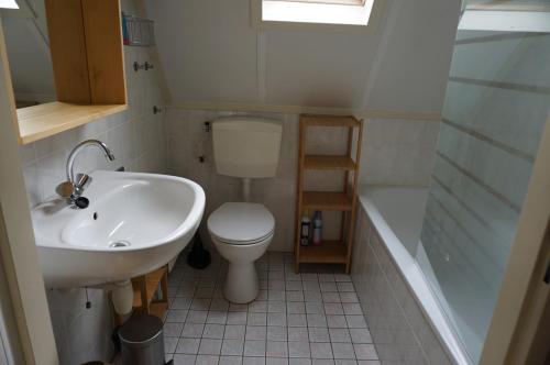 een badkamer met een toilet, een wastafel en een bad bij Kustverhuur, Park Schoneveld, Stern 254 in Breskens