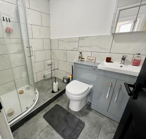Newly refurbished 1-Bed Apartment in Croydon SE25 في لندن: حمام مع مرحاض ومغسلة ودش