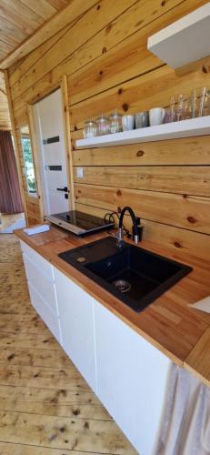 a kitchen with a sink in a wooden cabin at Ostoja Będzyn- Wypoczynek nad Pilicą in Piotrków Trybunalski