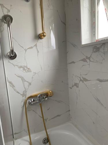 a shower with a gold faucet in a bathroom at Cabañas Patagonia Encantada in Puerto Natales