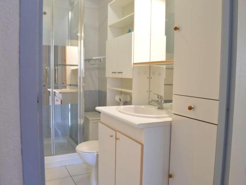 une salle de bain avec toilettes, lavabo et douche dans l'établissement Charmant 2 pièces avec mezzanine, terrasse et piscine - Saint-Pierre-la-Mer, 6 couchages - FR-1-229D-354, à Saint Pierre La Mer