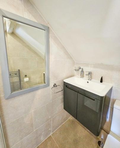 a bathroom with a sink and a mirror at Granary Villa in Kidderminster