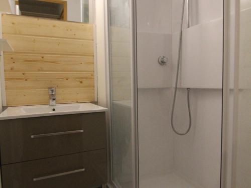 une salle de bain avec douche et lavabo dans l'établissement Appartement cosy 6 pers. avec balcon, proche pistes et commerces - Alpe d'Huez - FR-1-405-99, à L'Alpe-d'Huez