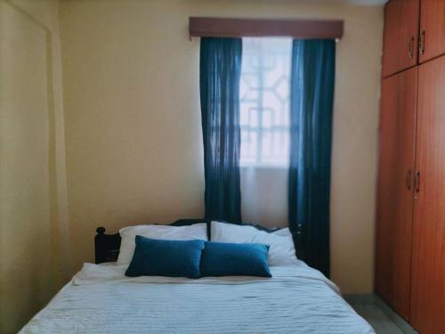 a bedroom with a bed with blue curtains and a window at Arunga's Homely Kakamega Stay in Kakamega