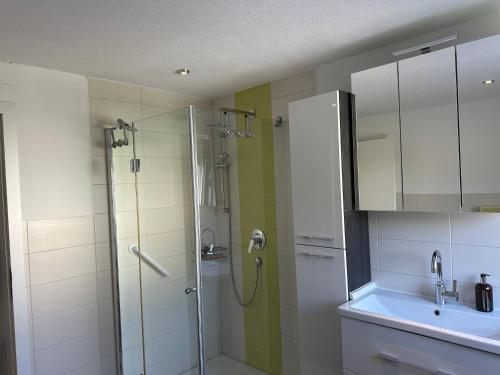 uma casa de banho com um chuveiro e um lavatório. em Family Apartment Bavaria em Füssen