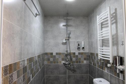 a bathroom with a shower and a toilet at Hotel Tbilisi sea Terrace in Tbilisi City