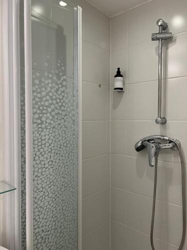 une salle de bain avec une douche avec une porte vitrée dans l'établissement Agréable Studio au Centre Ville, à La Rochelle