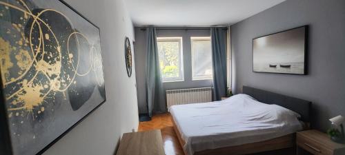 a small bedroom with a bed and a window at Boris Apartmani Kraljevo in Kraljevo