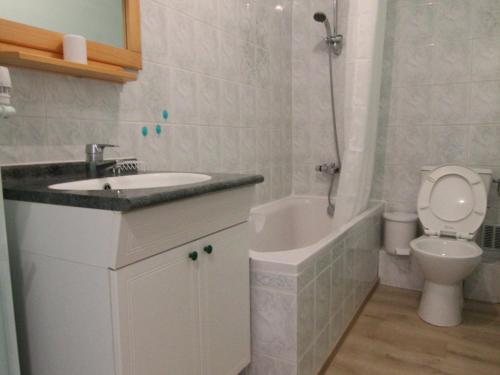 une salle de bain avec un lavabo, des toilettes et une douche dans l'établissement Studio 4 pers, 28m², Alpe d'Huez - Proche pistes et commerces, balcon sud, casier à skis - FR-1-405-30, à L'Alpe-d'Huez
