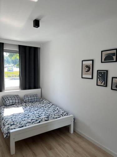 Un dormitorio con una cama en una habitación con ventana. en PK Premium Apartments, en Bolesławiec