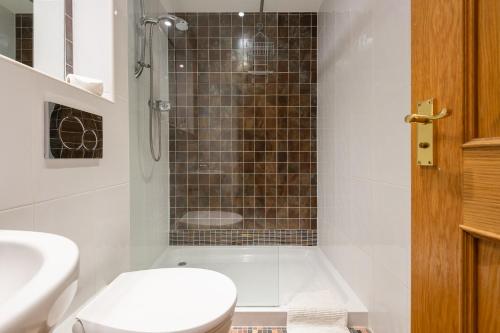 a bathroom with a shower and a toilet and a sink at 138 North Street - luxury 2 bed 2 bath with secret garden, summerhouse, putting green in St. Andrews