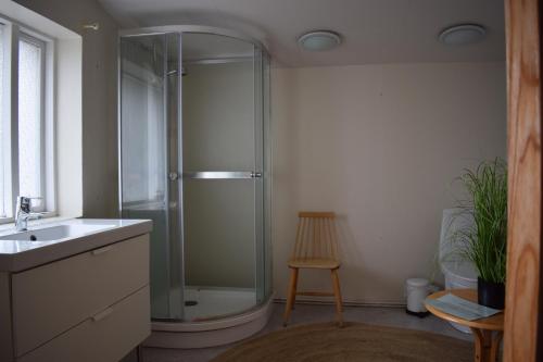 a bathroom with a shower and a sink and a chair at Skálholt Cottages in Selfoss